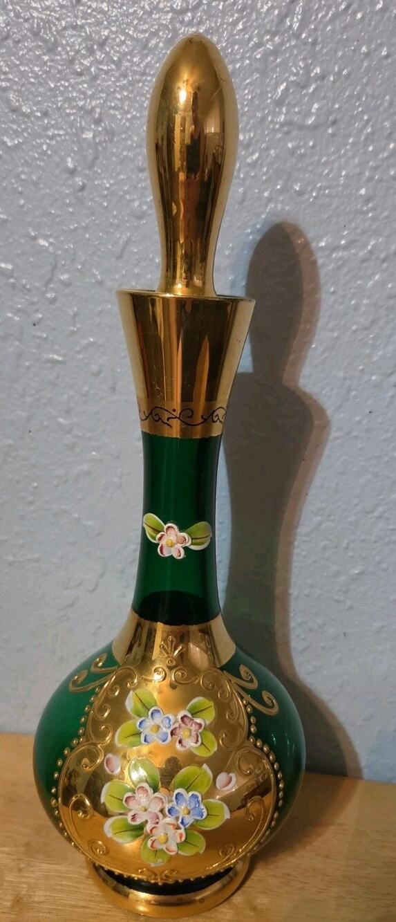 VINTAGE BOHEMIAN GREEN GLASS DECANTER w STOPPER 13"H Handpainted Enamel Flower
